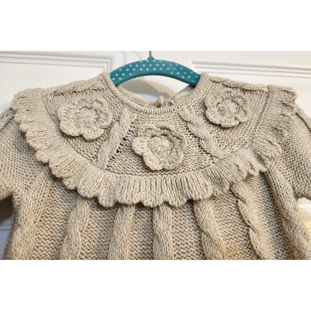 Cynthia Rowley Baby Girl Knit Dress Hat Set 3-6M Taupe Cable Knit NWOT